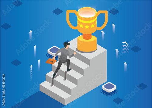 Isometric Businessman Walking up Stairs to Goal, Business Concept Simple Vector of Overcome Obstacles to Success