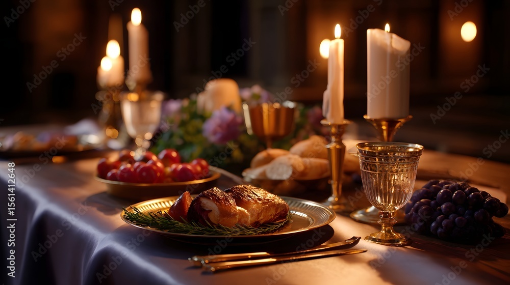 Festive dinner table setting with candles and seasonal dishes. Festive dinner table setting with candles and seasonal dishes.