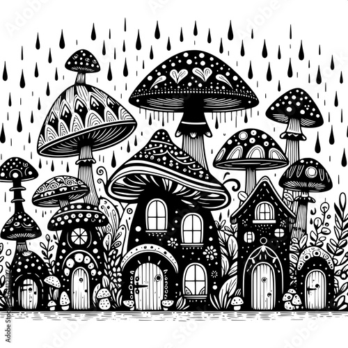 Tableau sur toile Mushroom Village Under Rain