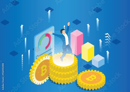 Isometric profit, fortune and success, successful investment concept. Man and woman is glad a lot of money, success, good luck