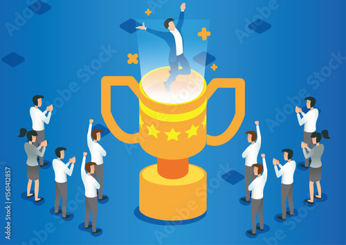 Isometric profit, fortune and success, successful investment concept. Man and woman is glad a lot of money, success, good luck