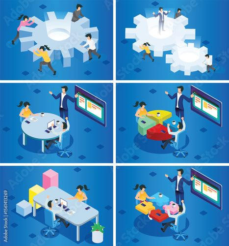 Isometric profit, fortune and success, successful investment concept. Man and woman is glad a lot of money, success, good luck