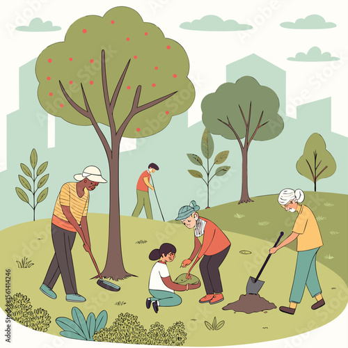 People planting trees in a park with city buildings in the background on a sunny day illustration