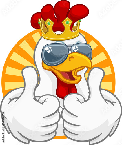 A chicken rooster cockerel bird cartoon character in a kings gold crown and cool shades or sunglasses giving a double thumbs up