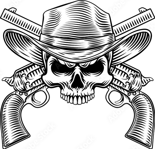 A skull wearing a cowboy hat with crossed western gun pistol revolvers illustration in a vintage woodcut style