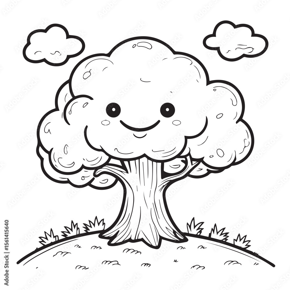 A cheerful cartoon tree with a happy face and fluffy clouds in a simple outline drawing style A cheerful cartoon tree with a happy face and fluffy clouds in a simple outline drawing style
