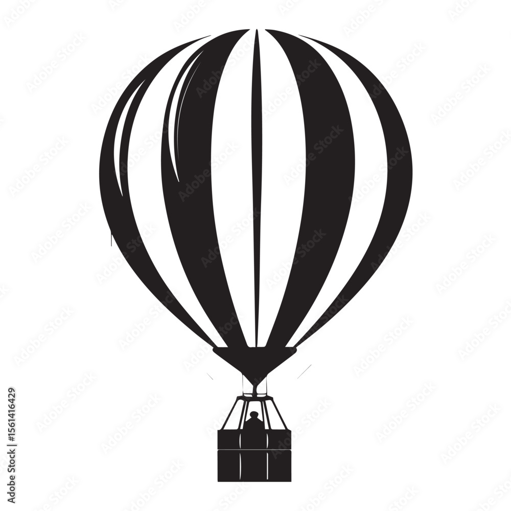 Obraz premium Striking black and white silhouette of a hot air balloon with a single passenger in the gondola against a clean white background