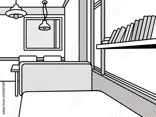 誰もいないカフェの店内のモノクロイラスト

