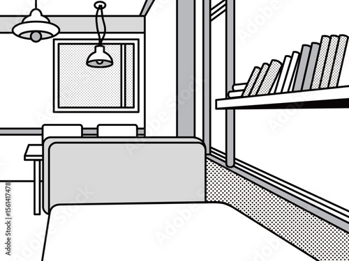 誰もいないカフェの店内のモノクロイラスト
