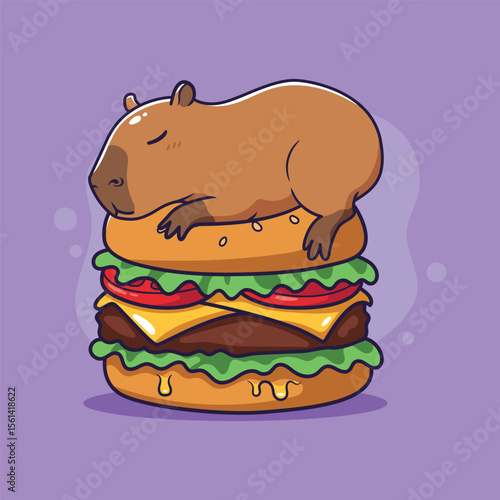 Cute Capybara Sleeping on a Delicious Burger. Vector illustration