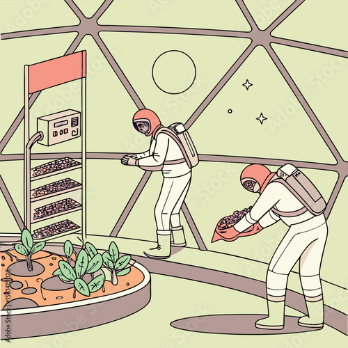 Astronauts tending to plants in a dome habitat with hydroponics and an exterior view of space and stars