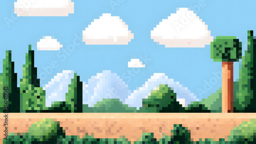 Scenic vector landscape with mountains, trees, and clouds in a bright, clear sky during the day.