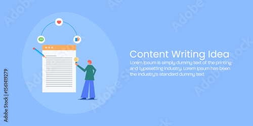 Content writer with glowing bulb in hand standing beside blog content.