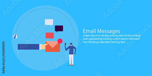 Hand delivering message to subscriber, Man with mobile reading message, digital communication and marketing technology.