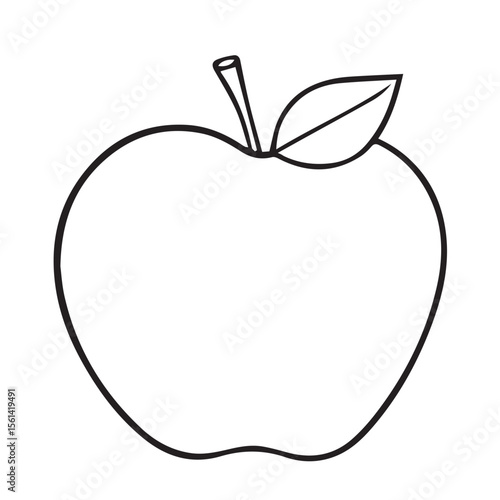 Simple black outline drawing of a fresh apple with a stem and a single leaf on a clean white background