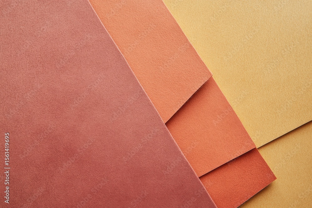 Fototapeta premium A stack of three different colored papers, with the top one being yellow. Designer paper background with a rich velvety matte texture in warm earthy tones like terracotta ochre and cinnamon.