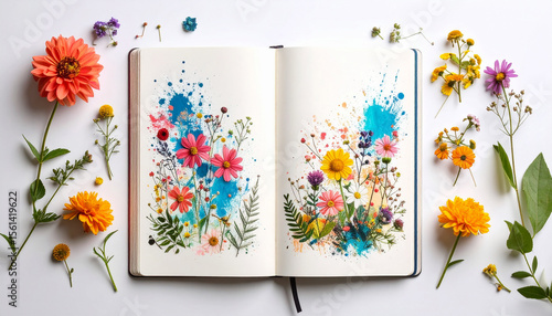 Vibrant Blooms Journal: An open journal page showcasing a stunning display of colorful watercolor flower paintings, surrounded by an array of fresh blossoms.