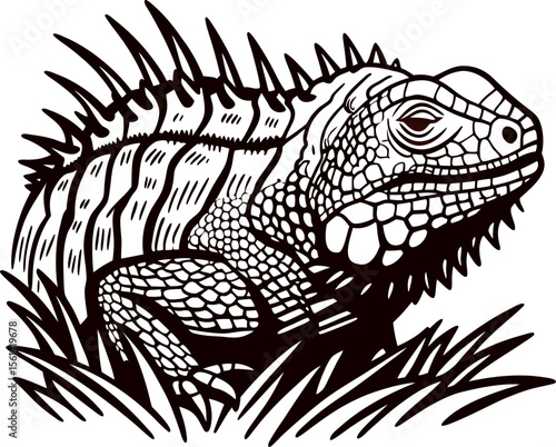Detailed black and white iguana illustration with spiked crest sitting in grass, vintage wild animal engraving