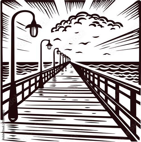 Woodcut long boardwalk over ocean with lampposts, birds, and dramatic clouds, linear vintage illustration