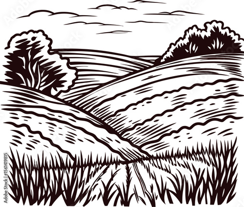 Rolling farmland hills with trees and clouds in vintage engraved hand drawn illustration