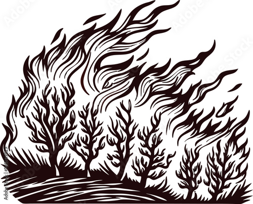 Stylized wildfire sweeping through burning forest trees black and white vintage woodcut illustration