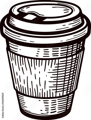 Hand drawn disposable coffee cup with lid vintage engraved illustration isolated on white background