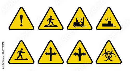 Comprehensive Yellow Industrial and Workplace Safety Signs. A set of eight yellow triangular safety signs: general warning, slippery, forklift, hot surface, falling risk, multi-directional,& biohazard