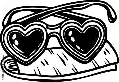 Heart shaped sunglasses and folded beach towel graphic black and white summer accessory illustration