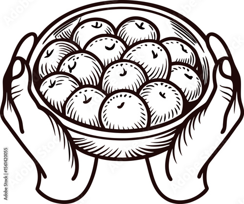 Hand drawn bowl of round dumplings held by two hands vintage ink food illustration on white background