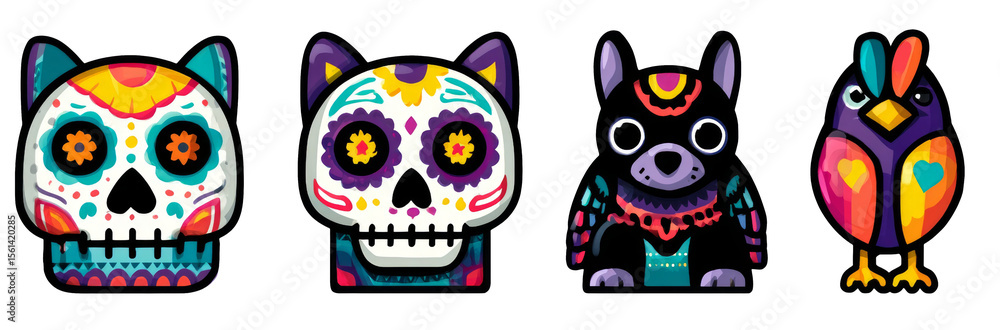Fototapeta premium Sugar skull, dog and bird looks amazing with festive decoration