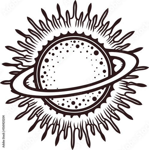Retro celestial sun with orbiting ring, decorative space emblem, hand drawn cosmic illustration