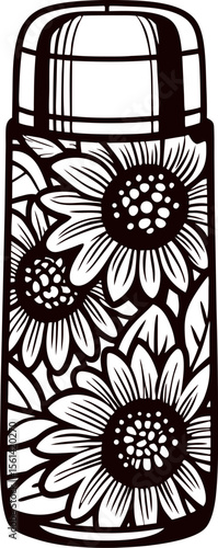 Hand drawn thermos bottle decorated with sunflower floral pattern in vintage engraved black and white illustration