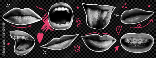 Female halftone lips set. Collage element with cutout shape and doodle elements. Dotted pop art style. Retro vector illustration