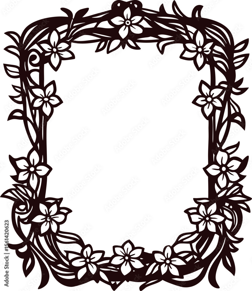 Obraz premium Ornate floral rectangular border with intertwining leaves and blooming flowers in vintage hand drawn illustration