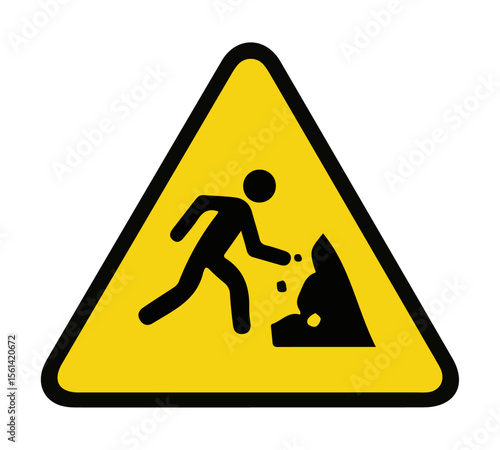 Yellow Warning Triangle with Falling Rocks / Debris Icon. Yellow triangular warning sign with falling rocks and a person, symbolizing caution for falling objects or unstable ground.