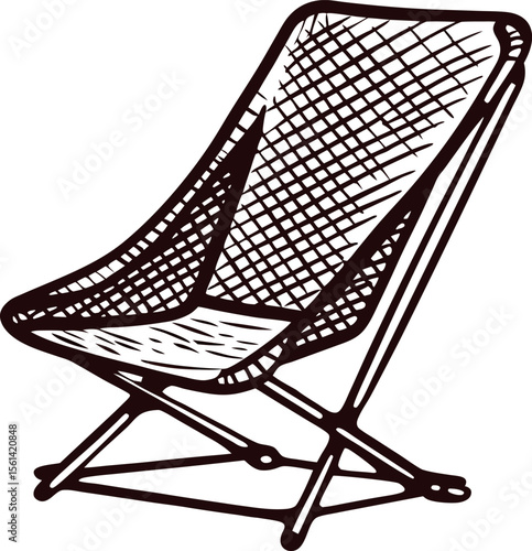 Hand drawn folding lounge chair with mesh seat vintage sketch of portable outdoor furniture in retro