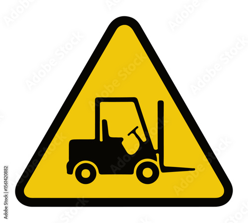 Yellow Warning Triangle with Forklift Icon. Yellow triangular warning sign with a black forklift, symbolizing caution for industrial vehicle operation or material handling areas.