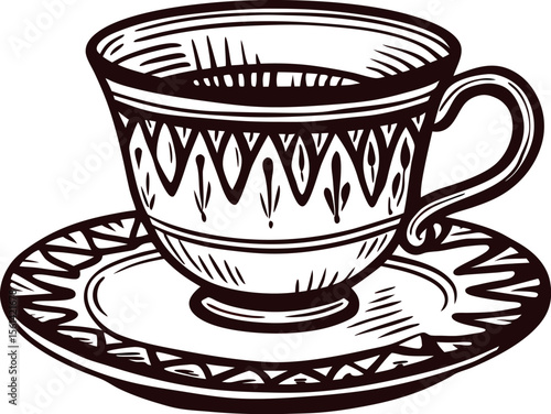 Vintage engraved illustration of a ceramic teacup and saucer set isolated on white background