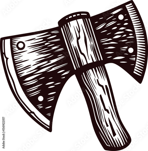 Hand drawn woodcut illustration of a vintage axe with curved blade and wooden handle isolated on white background