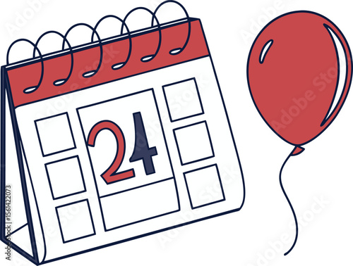 Red Calendar with Spiral Binding and Red Balloon Illustration Twenty Fourth Day twentyfourth
