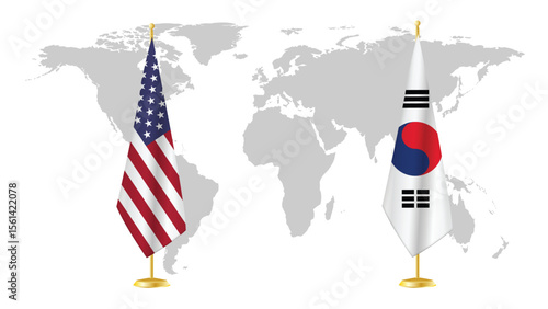 USA and South Korea stand flags on world map background. Symbolic of diplomatic relations, unity, and Indo-Pacific cooperation. 3D rendered international concept design.