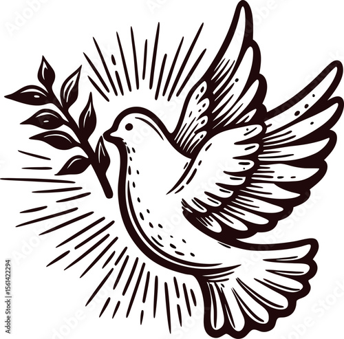 Hand drawn flying dove with olive branch vintage engraved sketch illustration isolated on white background