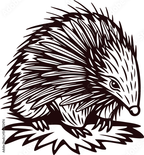 Hand drawn echidna illustration with bold spines and detailed linework isolated on white background