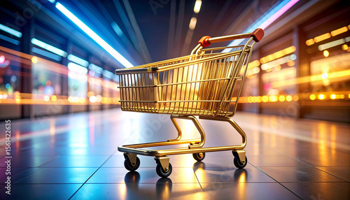 Wallpaper Mural Golden Shopping Cart: A radiant golden shopping cart stands out in a bustling shopping center, embodying luxury and consumerism amidst the vibrant motion of commerce. Torontodigital.ca