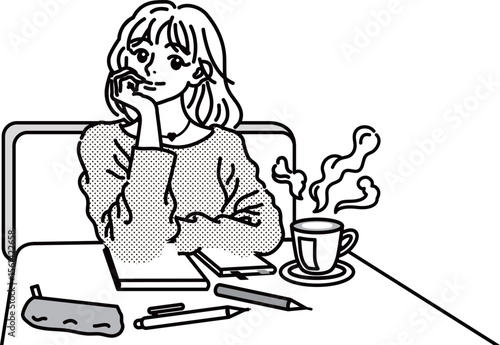 カフェのテーブル席で頬杖をついている若い女性