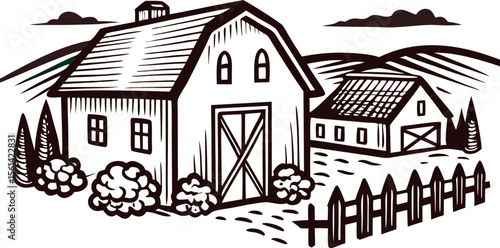 Rustic barn and farmhouse with fence in hand drawn vintage rural landscape illustration