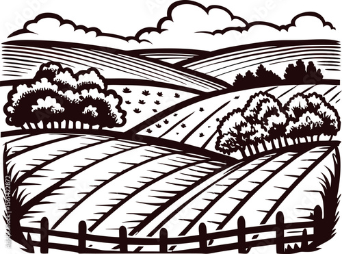 hand drawn engraving of rural countryside landscape with fields, trees, clouds, and fence in vintage