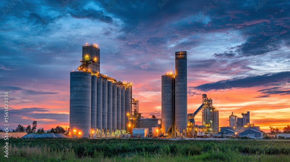 Fototapeta premium a cement factory in a green field, with a blue sky and orange clouds at dusk. The factory and silos are illuminated by lights.