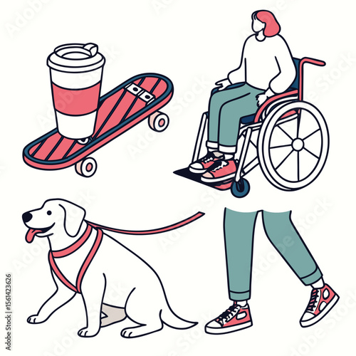 Diverse individuals showcasing various modes of transportation and companionship in a modern style art