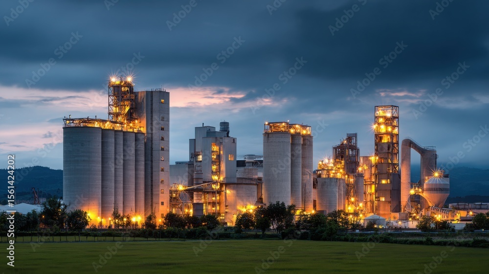 Fototapeta premium Cement factory at dusk with grain silos and illuminated equipment, an industrial landscape with a grassy field in the background.